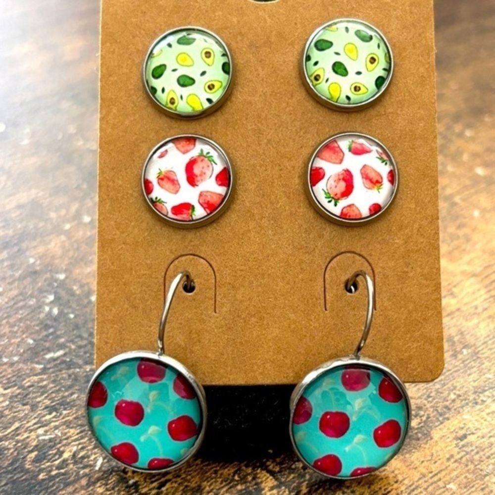 Set of 3 Stainless Steel Fruit Print Earrings, NWT